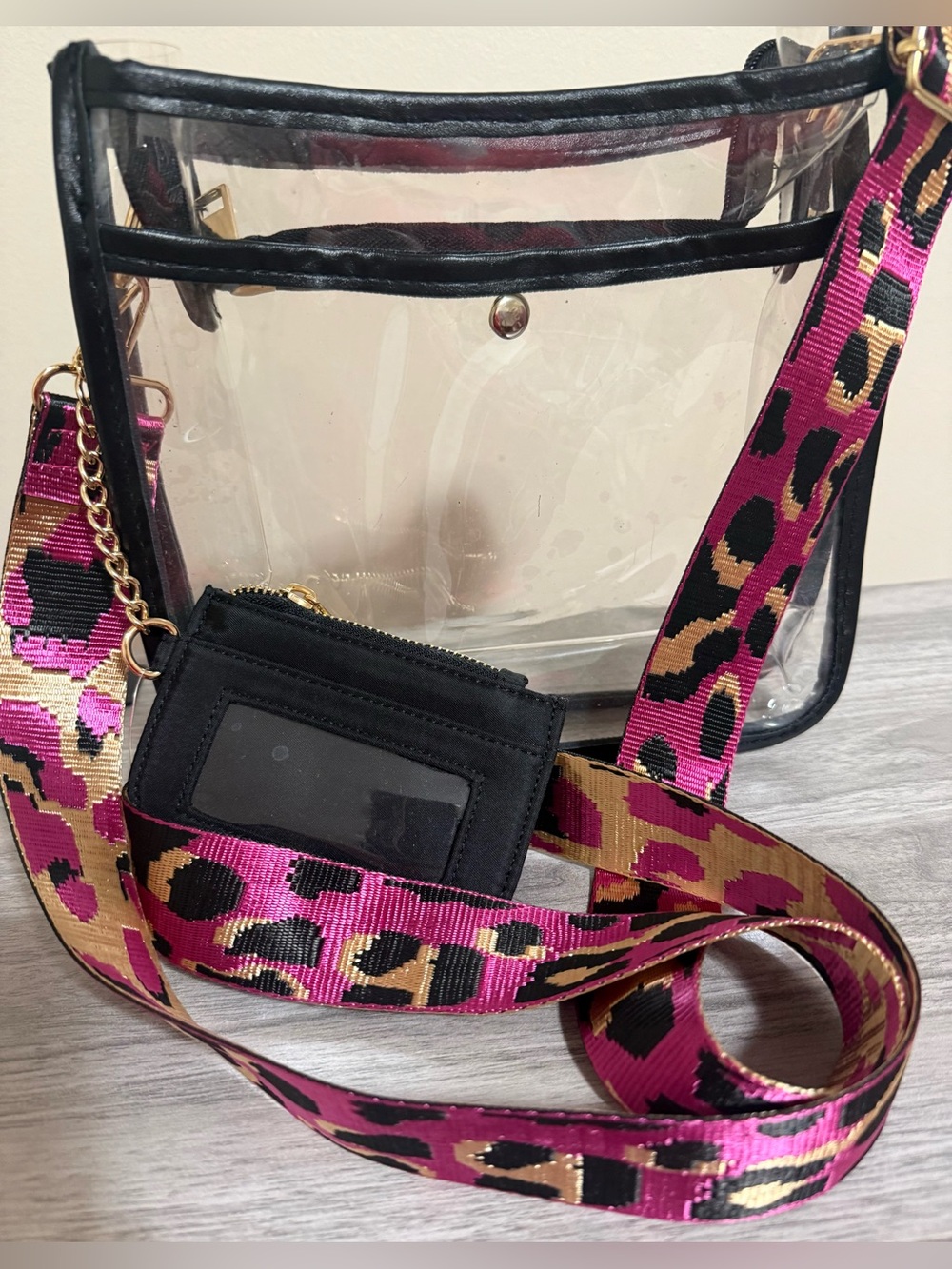 Host Pick! Clear Crossbody Black Trim Pink Leopard Print Strap Black Card Holder